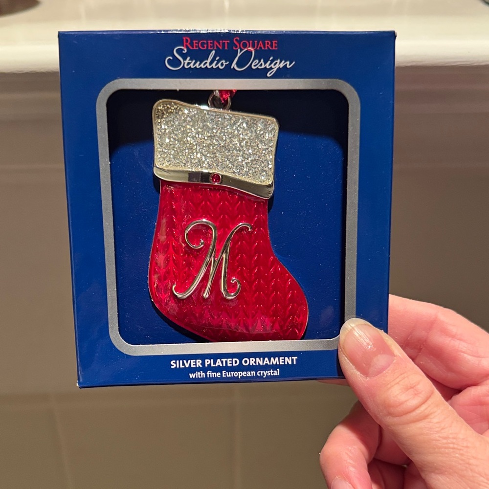 Silver plated Red Stocking Ornament w/M monogram NEW